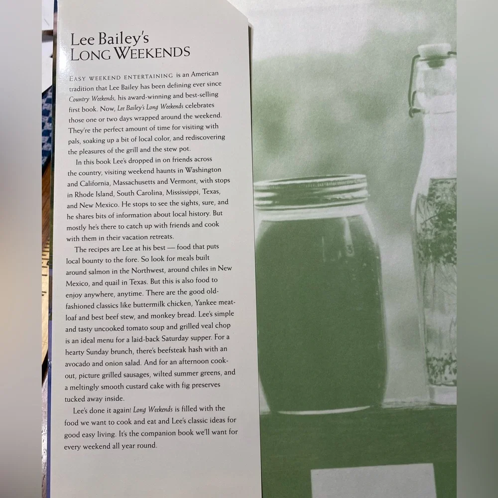Lee Bailey’s Long Weekends cookbook Book. Recipes for good food and easy living.